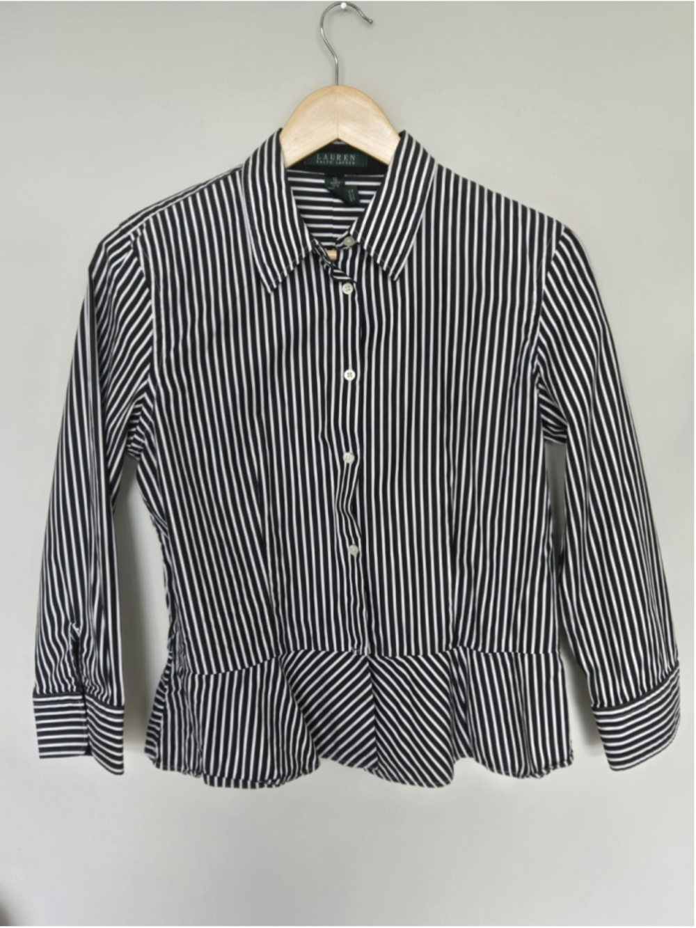 Lauren Ralph Lauren Shirt Womens Button Down Black White Ruffle Bottom Sz 12
